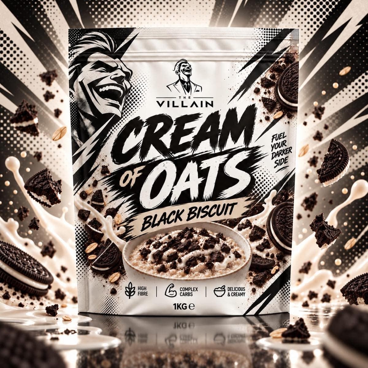Ovsená kaša Black Biscuit — instantná kaša The Villain 1 kg s kakaovými sušienkami, cookies & cream