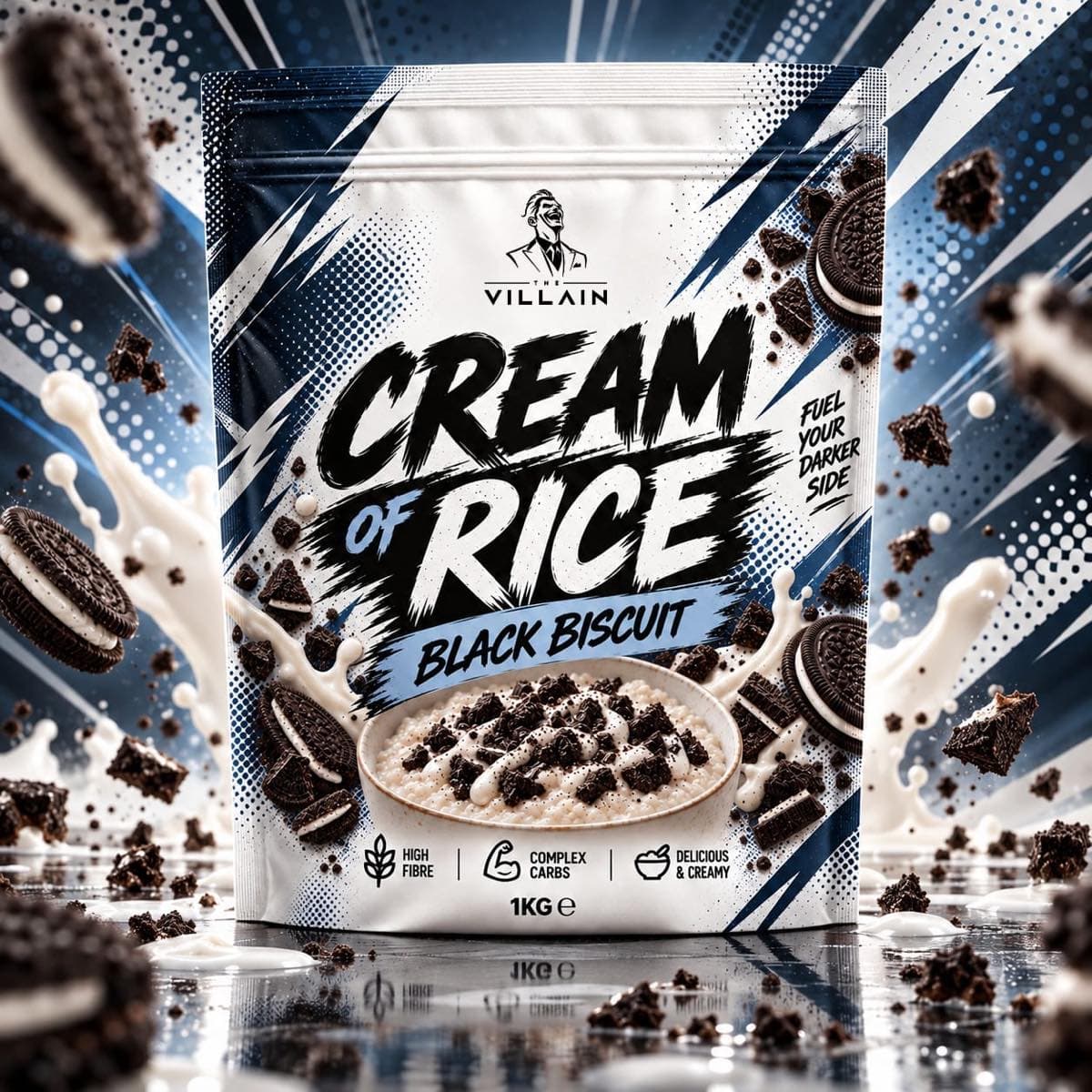 Ryžová kaša Black Biscuit — instantná kaša The Villain 1 kg s kakaovými sušienkami, cookies & cream