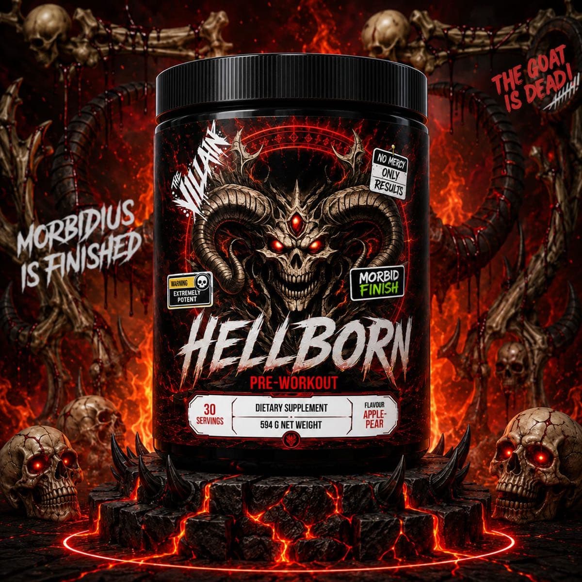 Čierna dóza The Villain HELLBORN pre-workout (594 g, jablko-hruška) s rohatým démonom na etikete, ohnivé pozadie s lebkami