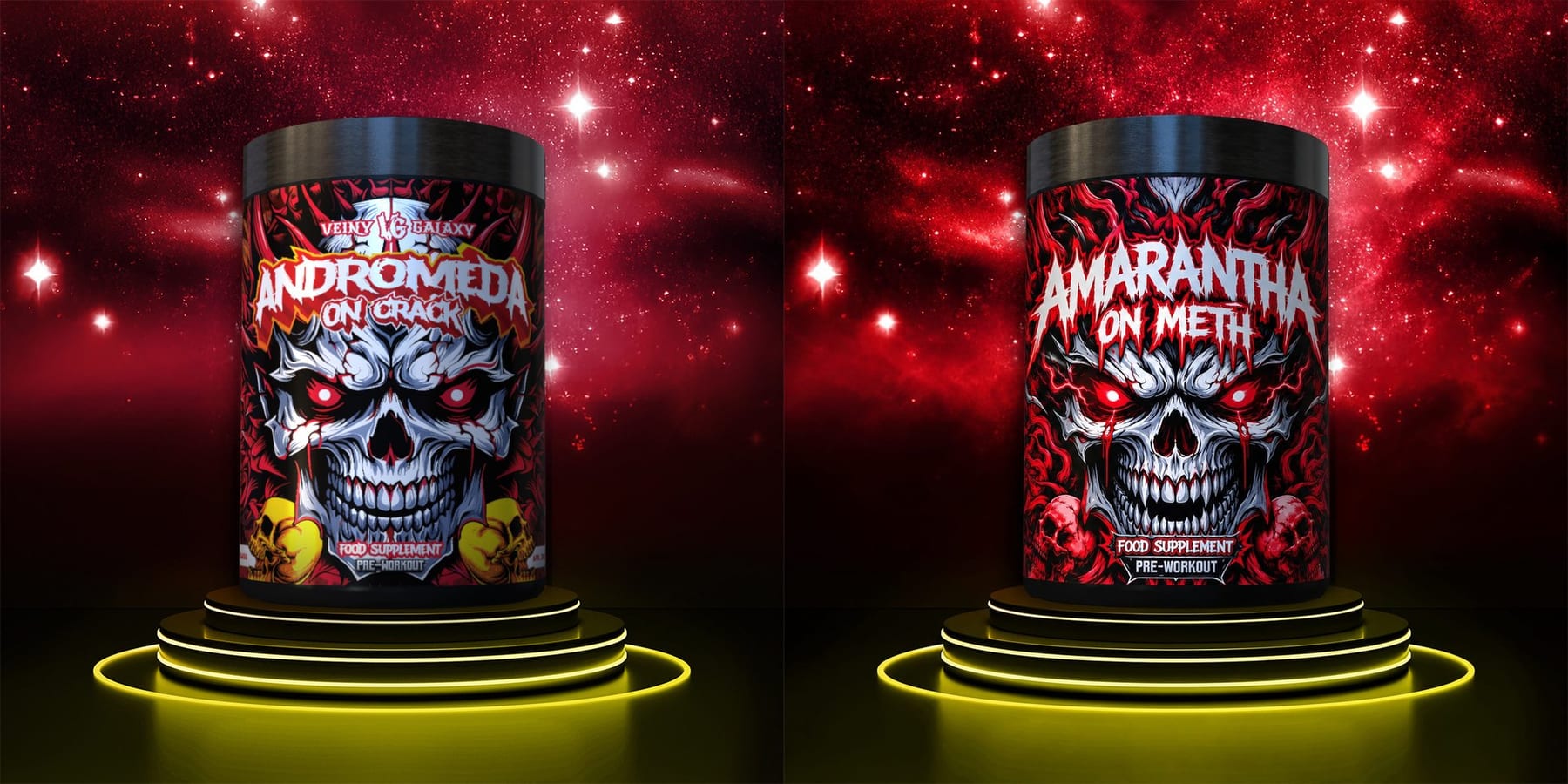ANDROMEDA ON CRACK (vľavo, obrázok z e-shopu Veiny Galaxy) a AMARANTHA ON METH (vpravo, naša vizualizácia). Obrázky nie sú v rovnakej mierke.