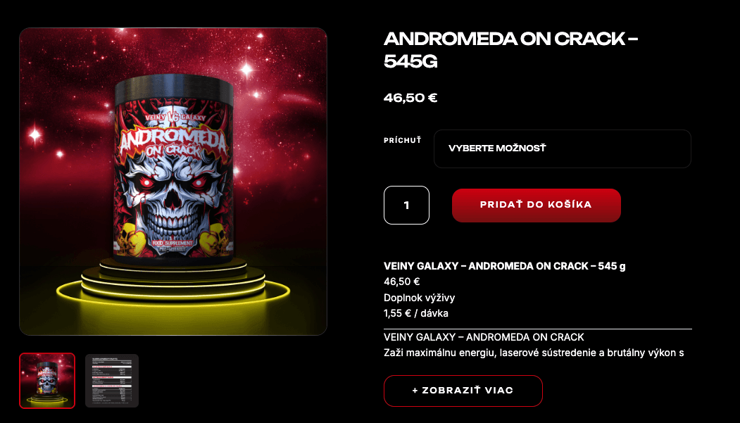 Produktová stránka ANDROMEDA ON CRACK na e-shope Veiny Galaxy, zachytená 28. 9. 2026: „ANDROMEDA ON CRACK – 545G“, cena 46,50 € a údaj „1,55 € / dávka“.