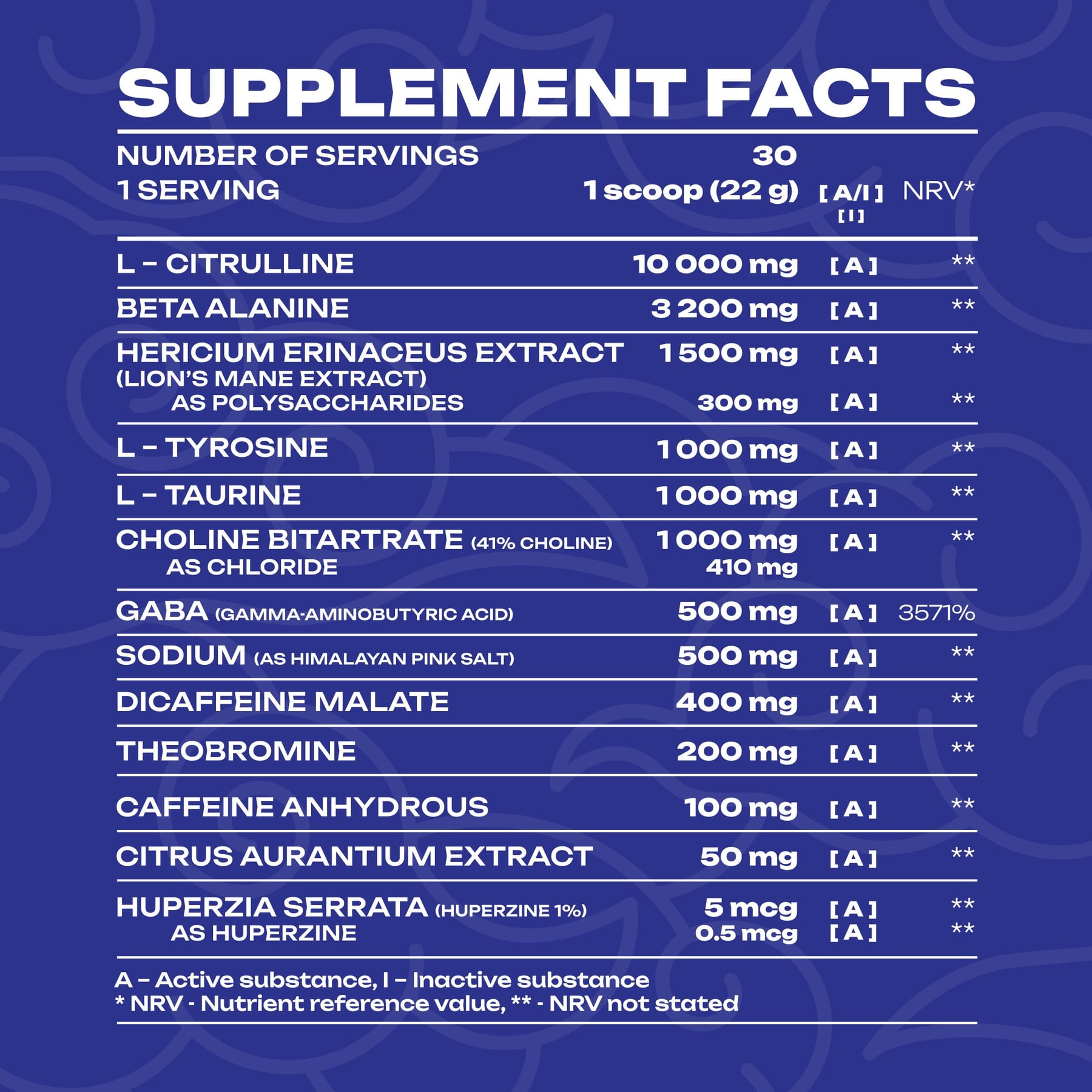 Supplement Facts FATALITY 660 g — obrázok z produktovej stránky Veiny Galaxy.