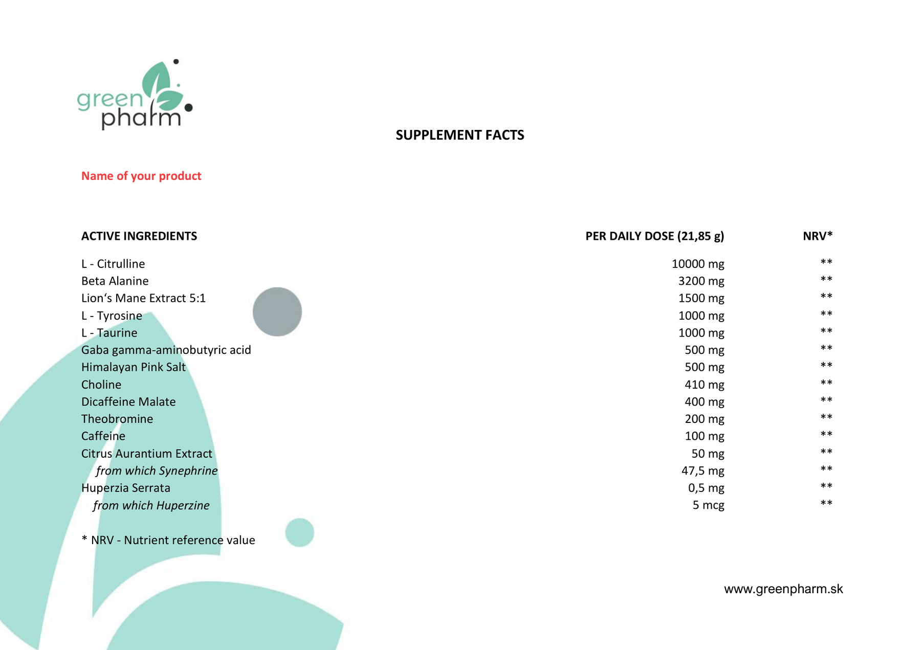Výrobná špecifikácia, ktorú nám poslal GreenPharm — strana 1: logo GreenPharm, doména www.greenpharm.sk a grafický podklad ich šablóny. Dávky na dennú dávku 21,85 g sa s etiketou RED RONIN zhodujú do miligramu. Pole s názvom produktu je v tejto verzii dokumentu ešte nevyplnené („Name of your product“).