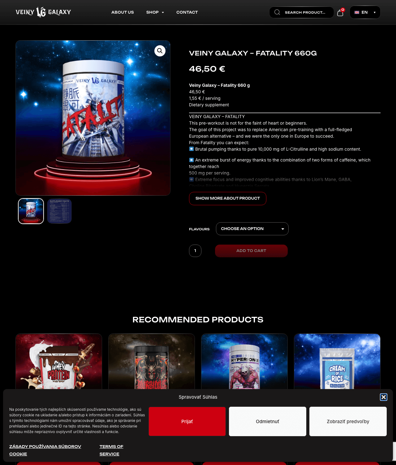 Produktová stránka FATALITY 660 g na e-shope Veiny Galaxy (anglická verzia stránky), zachytená 26. 9. 2026: cena 46,50 €, 1,55 € za dávku („1,55 € / serving“).
