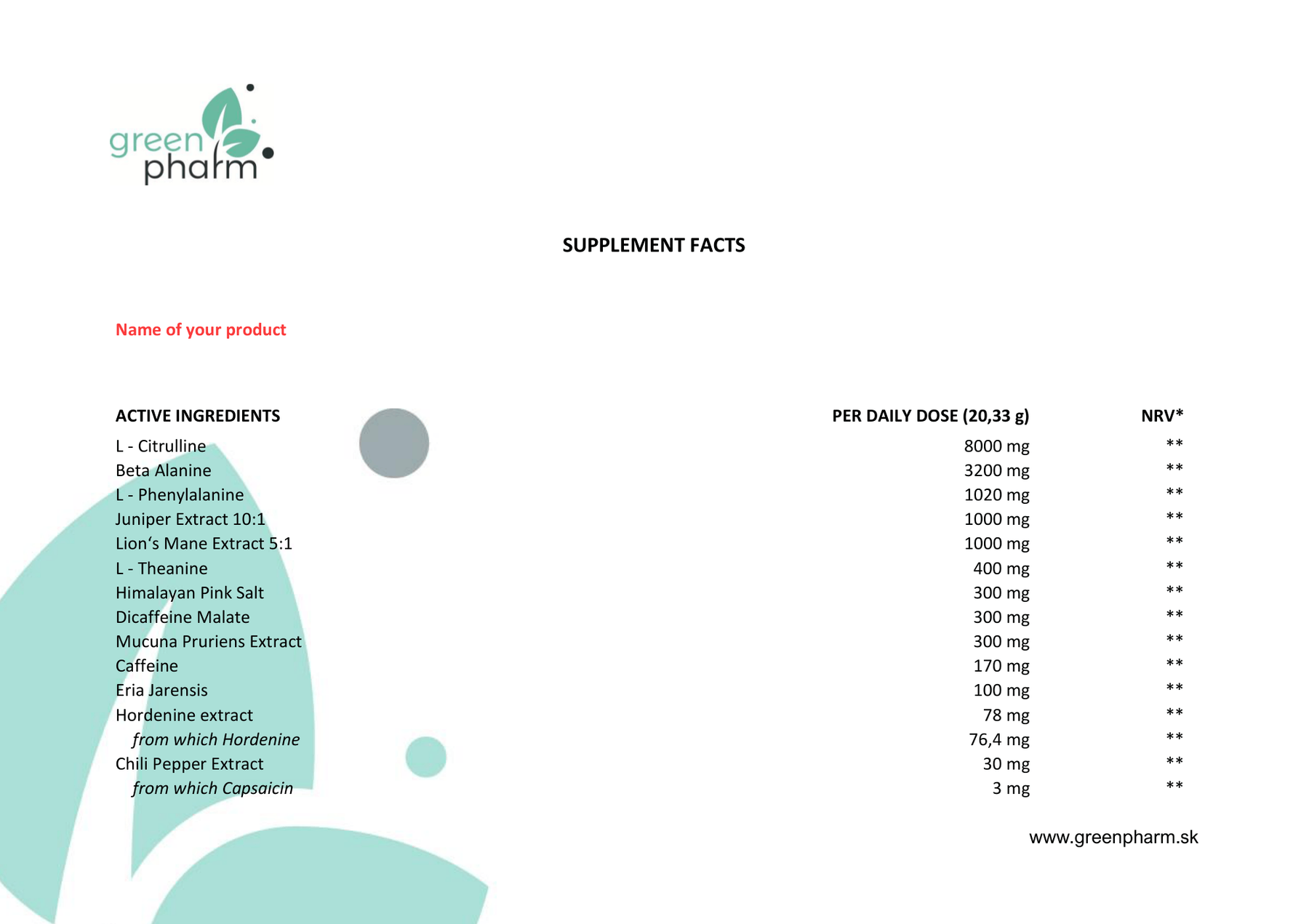 Výrobná špecifikácia THE DISRUPTOR, ktorú nám poslal GreenPharm (3. verzia) — strana 1: logo GreenPharm, doména www.greenpharm.sk a dávkovanie na dennú dávku 20,33 g. Pole s názvom produktu je ešte nevyplnené. Zoznam pokračuje na strane 2.