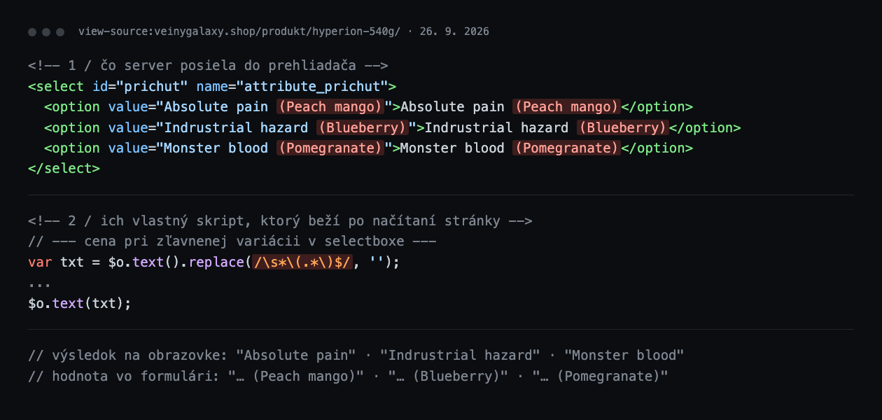 Výrez zo zdrojového kódu produktovej stránky HYPERION, stiahnutý 26. 9. 2026. Hore výber príchutí tak, ako ho posiela server; dole riadok ich skriptu s regulárnym výrazom, ktorý text v zátvorke odstráni. Riadky sú zalomené a skrátené pre čitateľnosť, názvy príchutí a kód sú bez zmien.