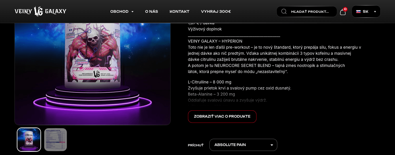 Tá istá stránka v prehliadači, 26. 9. 2026: vybraná príchuť sa zobrazí už len ako „ABSOLUTE PAIN“.