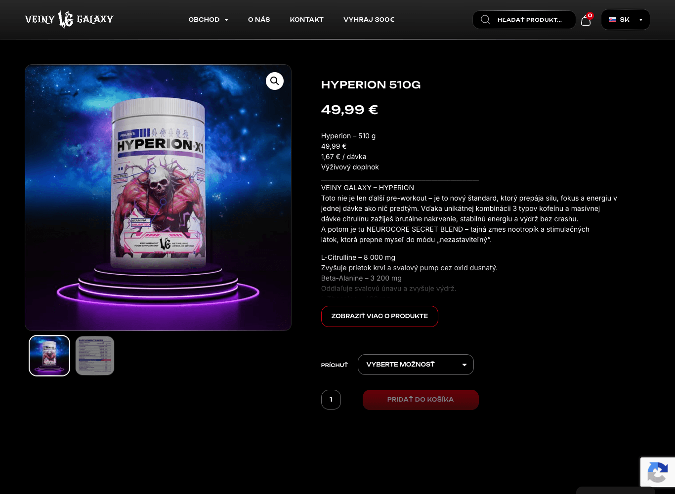 Produktová stránka HYPERION na e-shope Veiny Galaxy, zachytená 26. 9. 2026: názov „HYPERION 510G“, cena 49,99 €, 1,67 € za dávku.