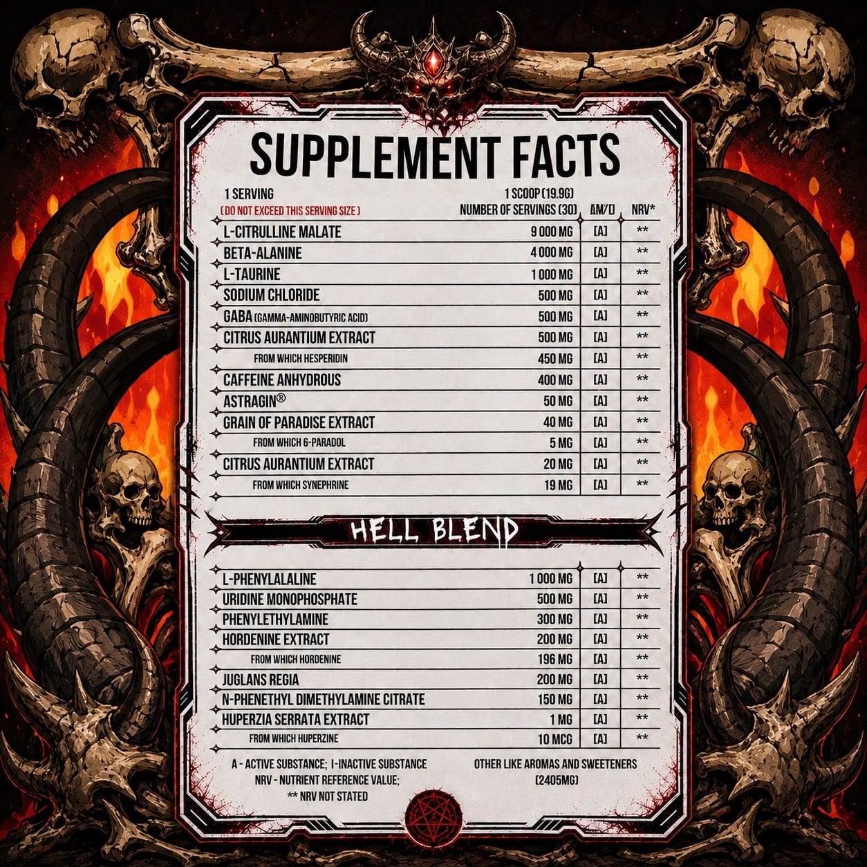 Supplement Facts HELLBORN — obrázok z našej produktovej stránky so zmesou „HELL BLEND“. Obrázok ešte uvádza staršiu odmerku 19,9 g; platná tlačová etiketa aj výrobná špecifikácia uvádzajú 19,8 g.