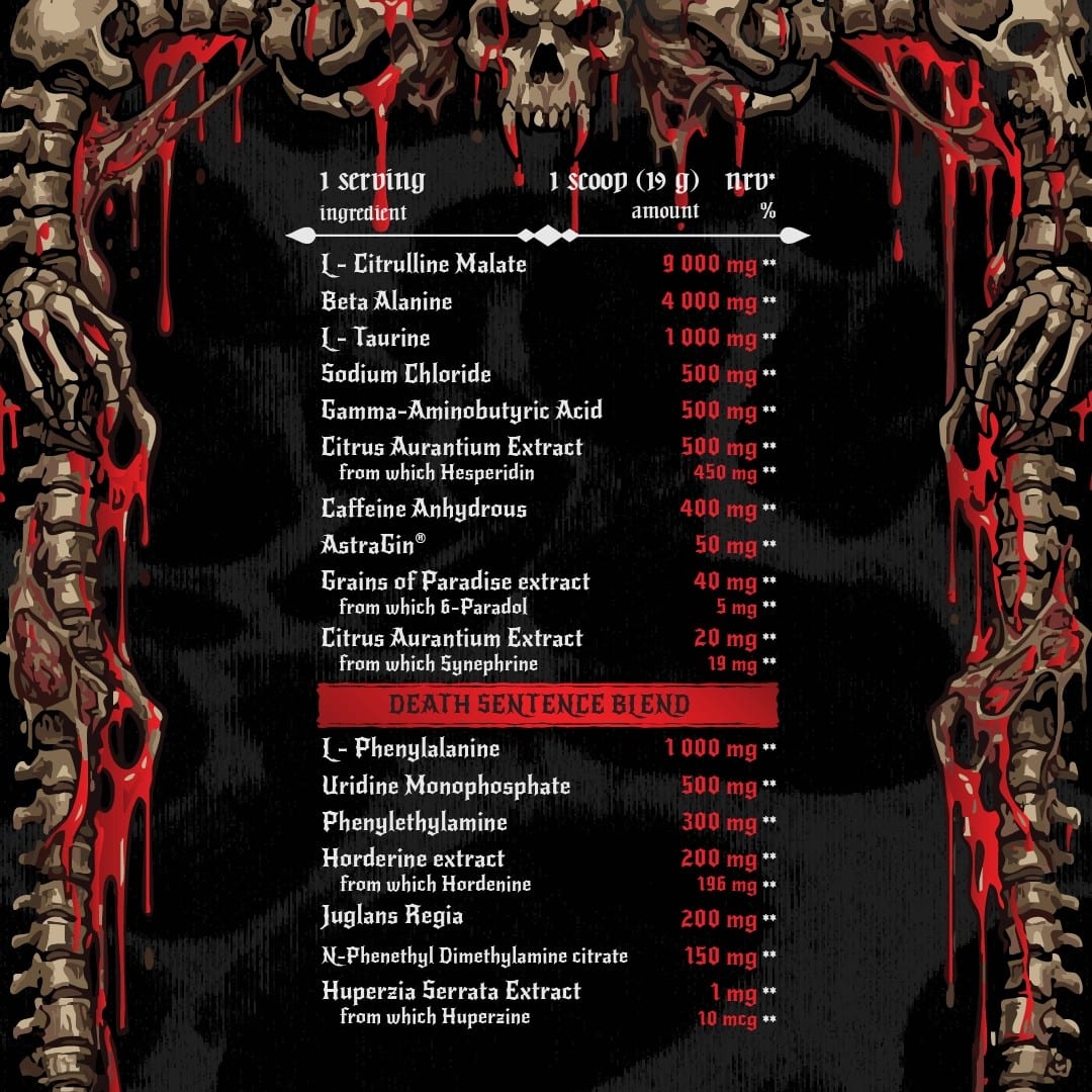 Tabuľka MORBIDIUS — obrázok z ich produktovej stránky: „1 scoop (19 g)“ a zmes „DEATH SENTENCE BLEND“.