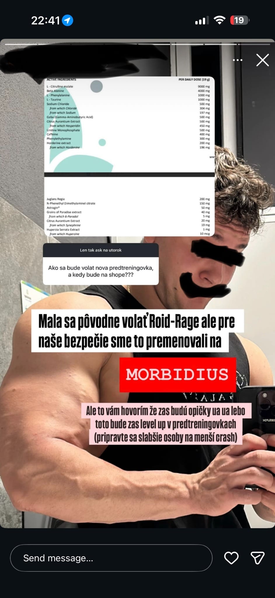 Instagram story Jaroslava Parobka s tabuľkou zloženia a názvom MORBIDIUS. Ide o ten istý screenshot ako v dokumente ROVNAKÁ TOVÁREŇ; oči a ústa, meno účtu a ďalšie citlivé časti ostávajú zakryté.