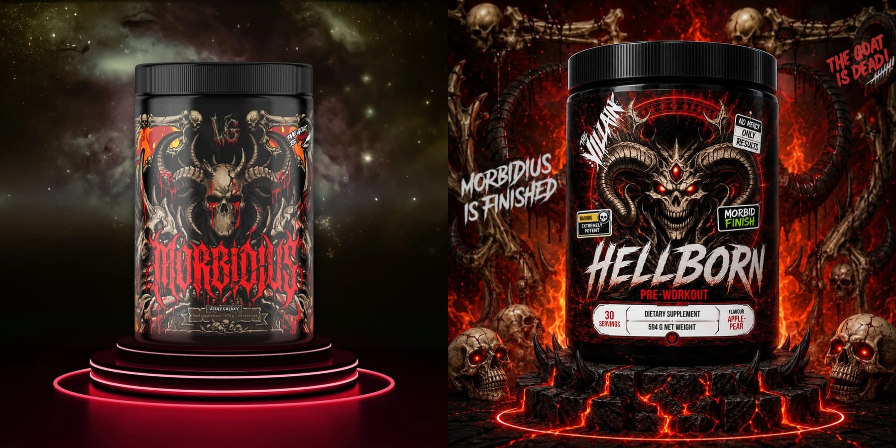 MORBIDIUS (vľavo, obrázok z e-shopu Veiny Galaxy) a HELLBORN 594 g (vpravo, naša vizualizácia). Obrázky nie sú v rovnakej mierke.