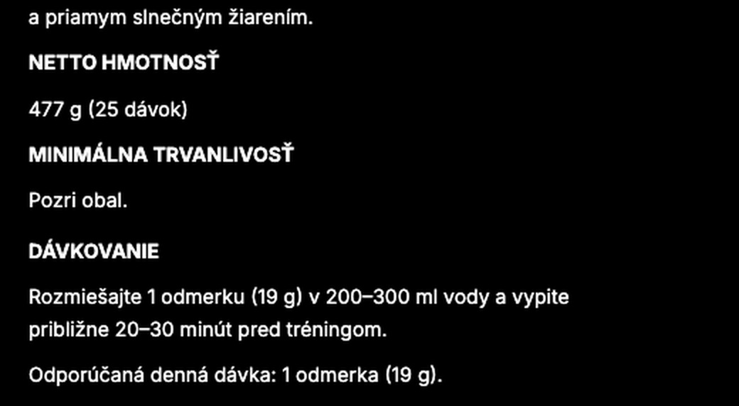 Tá istá stránka, 27. 9. 2026 — dva výrezy z jej popisu, zložené pod seba a zväčšené: „NETTO HMOTNOSŤ 477 g (25 dávok)“ a „Odporúčaná denná dávka: 1 odmerka (19 g)“. Text je bez zmien.