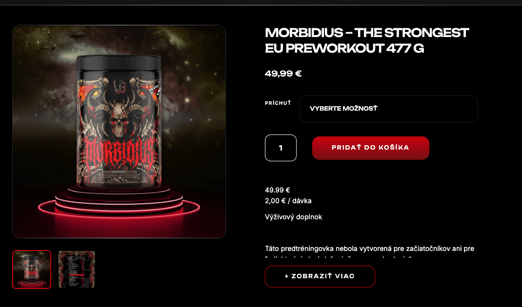 Produktová stránka MORBIDIUS na e-shope Veiny Galaxy, zachytená 27. 9. 2026: cena 49,99 € a údaj „2,00 € / dávka“.