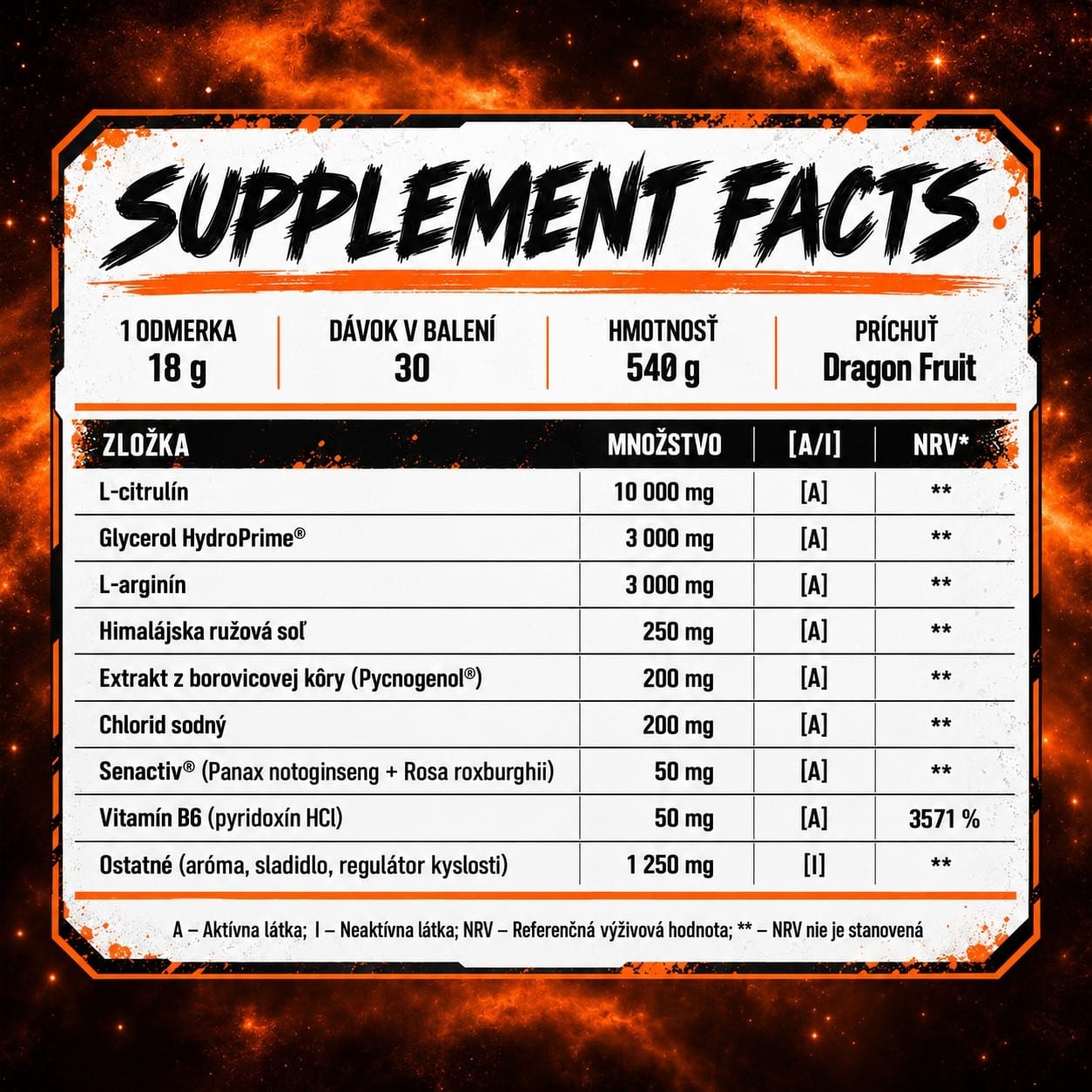 Supplement Facts FIRE BLOOD — obrázok z našej produktovej stránky: 1 odmerka 18 g, 30 dávok, 540 g. Pri extrakte z borovicovej kôry ešte uvádza „Pycnogenol®“ — platí Pinus elliottii (poznámka ¹).