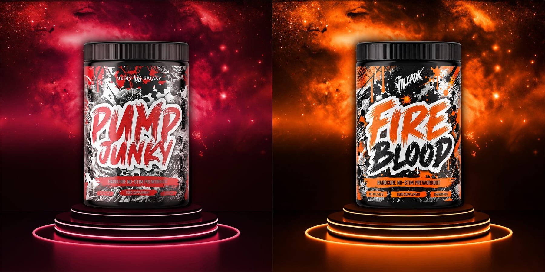 PUMP JUNKY (vľavo, obrázok z e-shopu Veiny Galaxy) a FIRE BLOOD (vpravo, naša vizualizácia). Obrázky nie sú v rovnakej mierke.