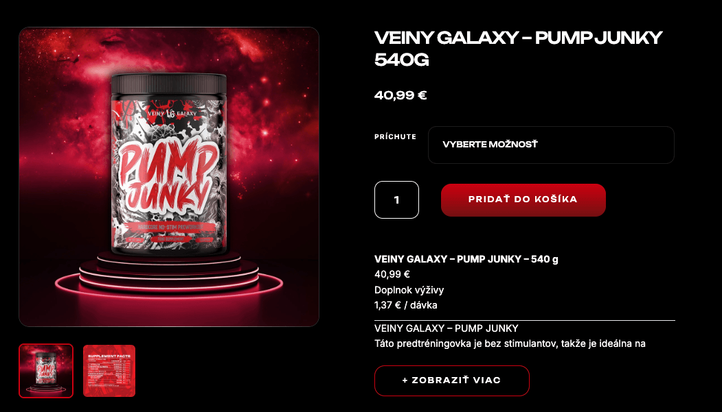 Produktová stránka PUMP JUNKY na e-shope Veiny Galaxy, zachytená 28. 9. 2026: „VEINY GALAXY – PUMP JUNKY 540G“, cena 40,99 € a údaj „1,37 € / dávka“.