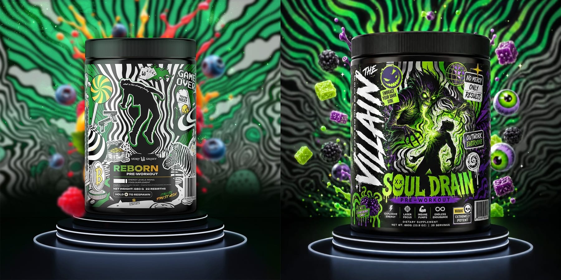 REBORN (vľavo, obrázok z e-shopu Veiny Galaxy) a SOUL DRAIN (vpravo, naša vizualizácia). Obrázky nie sú v rovnakej mierke. Údaj „NET WT. 680G (23.9 OZ) | 20 SERVINGS“ na našej vizualizácii je starší — platí 22 dávok po 31 g (časť 02).