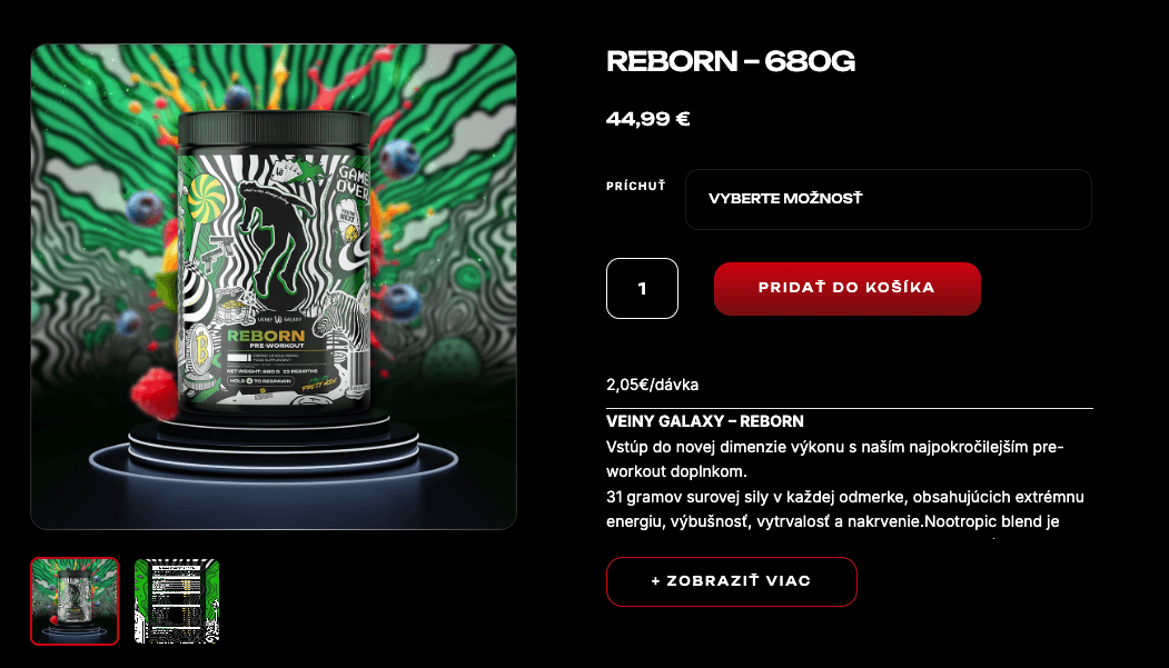 Produktová stránka REBORN na e-shope Veiny Galaxy, zachytená 27. 9. 2026: „REBORN – 680G“, cena 44,99 € a údaj „2,05€/dávka“.